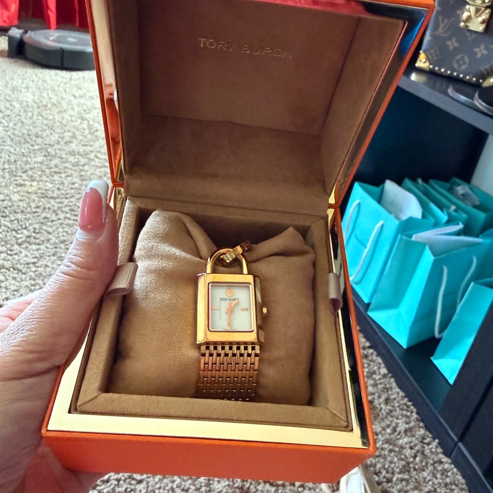 Tory Burch Gold and White Rectangular Bracelet Watch